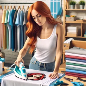 Woman using an iron to apply a logo onto a T-shirt, with a stack of shirts waiting beside her, demonstrating heat transfer vinyl application.