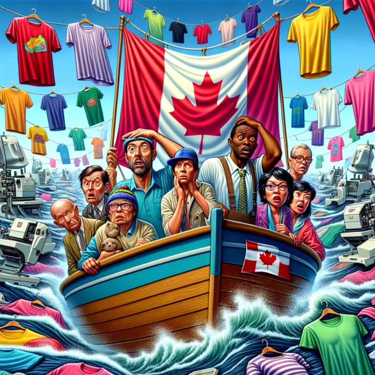 A boat carrying confused passengers, adorned with a Canadian flag, navigating through an unusual sea filled with floating T-shirts and screen printers.